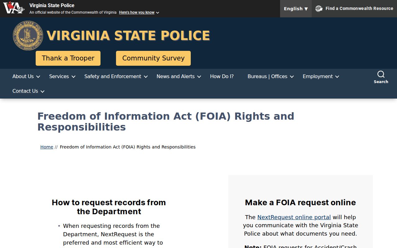King William County arrest report request through Virginia State Police FOIA