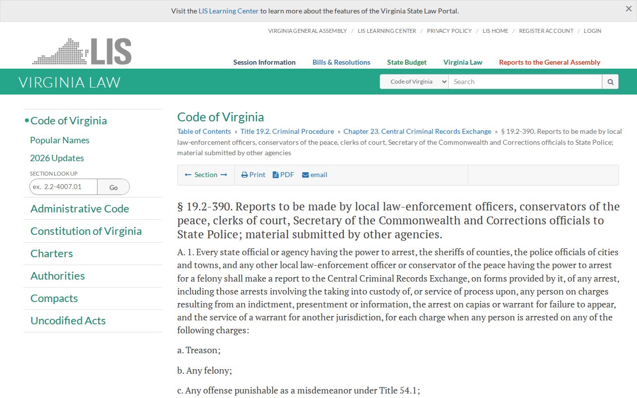 Central Garage criminal records arrest and disposition reporting to Virginia CCRE