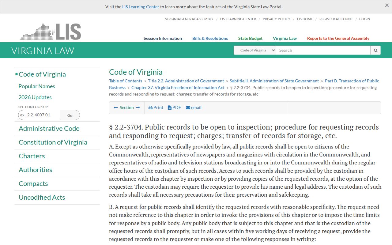 Central Garage criminal records request procedure under Virginia FOIA