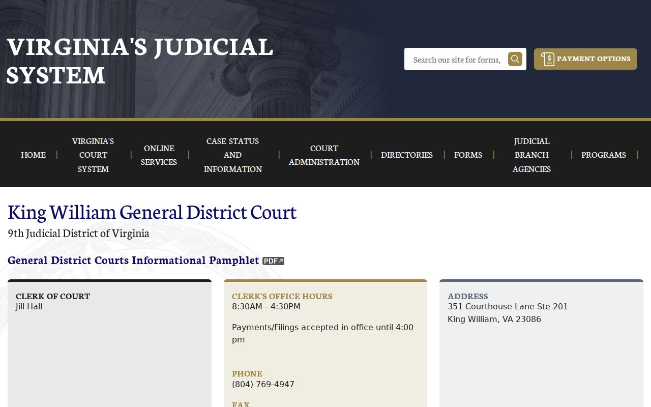 King William General District Court official schedule and contacts