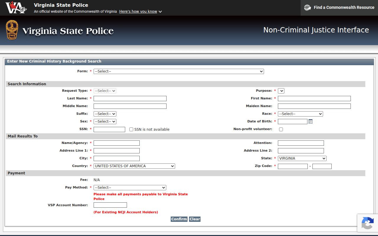 Virginia State Police CATS public form generator