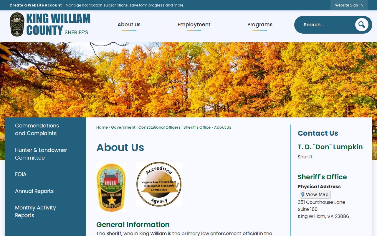 King William County Sheriff's Office duties and staffing page