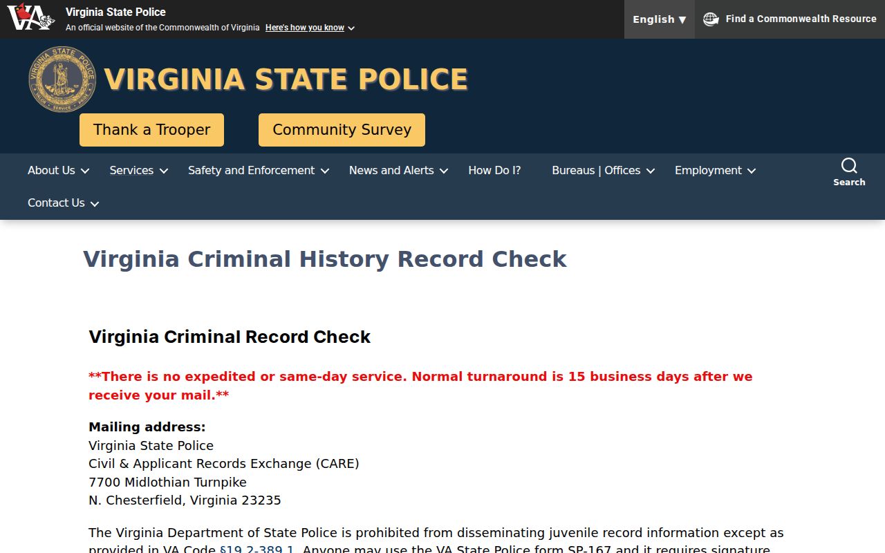 Virginia State Police official criminal background check routes