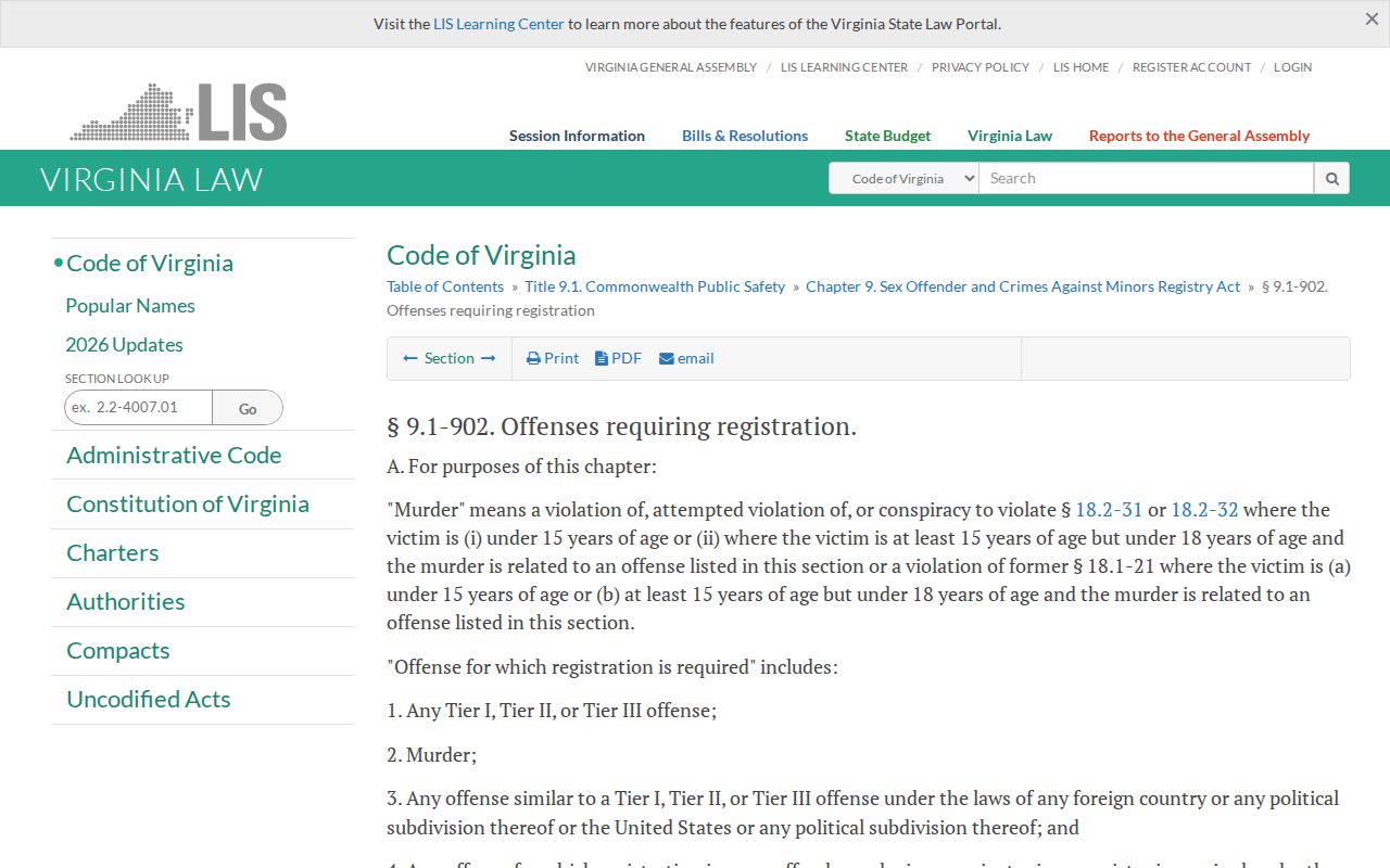 King William County sex offender registry tier definitions interface